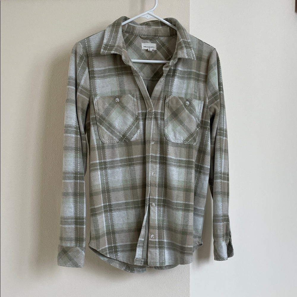 Thread & Supply Olive Green and Cream Plaid Button-Down Shirt